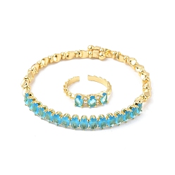 Темно-Голубой Овальные латунные браслеты-манжеты и кольца с микропаве из кубического циркония для женщин, стойки покрытие, реальный 18 k позолоченный, глубокое синее небо, браслет: 7ширина мм, внутренний диаметр: 59.5x55 мм