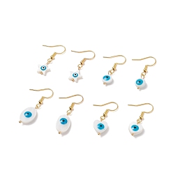 White Natural Shell Evil Eye Dangle Earrings with Enamel, Gold Plated 304 Stainless Steel Jewelry for Women, Mixed Shape, White, 32~39mm, Pin: 0.6mm