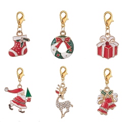Golden Christmas Theme Alloy Rhinestone & Enamel Pendant Decorations, with Alloy Lobster Claw Clasps, Mixed Shapes, Golden, 30~43mm, 6pcs/set