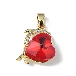 Red Real 18K Gold Plated Rack Plating Brass Micro Pave Clear Cubic Zirconia Pendants, with Glass, Long-Lasting Plated, Cadmium Free & Lead Free, Dolphin with Heart Charm, Red, 20.5x17x8mm, Hole: 5.5x3.5mm