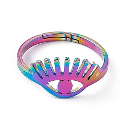 Rainbow Color Ion Plating(IP) 201 Stainless Steel Evil Eye Adjustable Ring for Women, Rainbow Color, US Size 6 1/4(16.7mm)