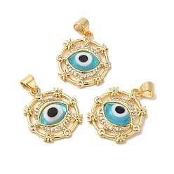 Pale Turquoise Handmade Evil Eye Lampwork Pendants, with Brass Cubic Zirconia Finding, Cadmium Free & Lead Free, Real 18K Gold Plated, Flat Round Charm, Pale Turquoise, 20.5x17.5x3.3mm, Hole: 3x4.3mm