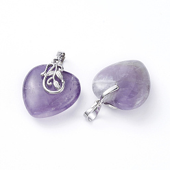 Amethyst Natural Amethyst Pendants, with Platinum Tone Brass Ice Pick Pinch Bails, Heart, 31~32x25~26x11~12mm, Hole: 7x5mm