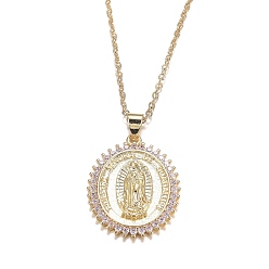 Pink Brass Micro Pave Cubic Zirconia Pendant Necklaces, Virgencita Necklaces, with 304 Stainless Steel Cable Chains, Oval with Virgin Mary, Golden, Pink, 17.91 inch(45.5cm)