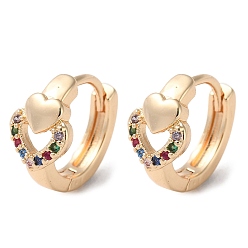 Light Gold Rack Plating Brass Micro Pave Colorful Cubic Zirconia Hoop Earrings, Hollow Heart, Light Gold, 13x7.5mm