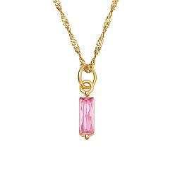 Pearl Pink Birthstone Style Cubic Zirconia Rectangle Pendant Necklaces, Golden Titanium Steel Necklace, Pearl Pink, 17.72 inch(45cm)