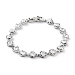 Platinum Valentine's Day Rack Plating Brass Cubic Zirconia Heart Link Chain Bracelets for Women, Lead Free & Cadmium Free, Platinum, Inner Diameter: 7-1/4 inch(18.5cm)