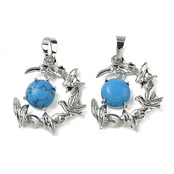 Синтетическая Бирюза Окрашенные синтетические бирюзовые подвески, латунные подвески в виде птиц и луны, платина, стойки покрытие, 27~28.5x23.5~24.5x6.5~7 мм, отверстие : 7x5 мм