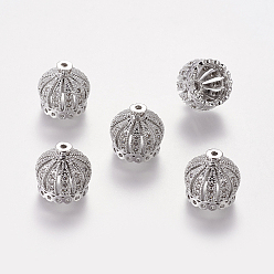 Platinum Brass Cubic Zirconia Beads, Crown, Platinum, 13x14mm, Hole: 1.5mm, 9mm Inner Diameter