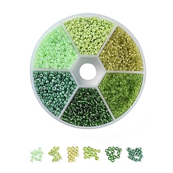 Green 6 Colors 12/0 Glass Seed Beads, Opaque Colors Lustered & Silver Lined & Transparent & Ceylon, Round, Green, 12/0, 2mm, Hole: 1mm, 60g/box, about 3960pcs/box
