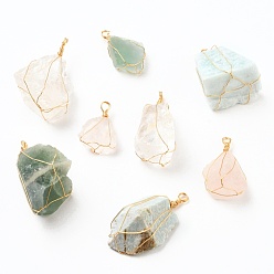 Mixed Stone Rough Raw Natural Gemstone Pendants, Wire Wrapped Pendants, with Golden Plated Copper Wire, Nuggets, 34~61x25~30x10~36mm, Hole: 4~4.6mm
