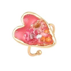 Светло-Вишневый 304 открытые кольца манжеты из нержавеющей стали, Сердце со цветками , cmолой, золотые, светло-вишневый, размер США 8 1/2 (18.5 мм)