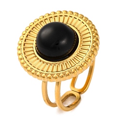 (946F)Морозный цвет внутри  Жонкиль / Непрозрачная зеленая подкладка Плоские круглые перстни из натурального черного агата, золотистый тон 304 манжеты из нержавеющей стали для женщин, внутренний диаметр: 17 мм