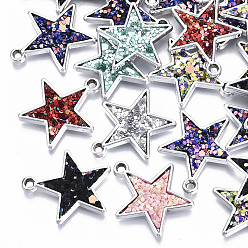 Platinum UV Plating Acrylic Pendants, with Imitation Leather inlaid Glitter Sequins/Paillette, Star, Mixed Color, Platinum, 24x22x2.5mm, Hole: 1.8mm