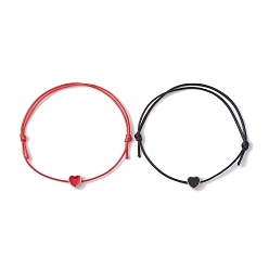 Mixed Color 2Pcs 2 Color Alloy Enamel Heart Braided Bead Bracelets Set, Waxed Polyester Cords Adjustable Bracelets, Mixed Color, Inner Diameter: 3-3/8 inch(8.5cm), 1Pc/color