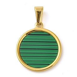 Green Resin Imitation Malachite Flat Round Pendants, Golden Tone 304 Stainless Steel Charms, Green, 29x25x2mm, Hole: 9.8x4.8mm