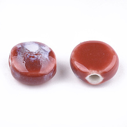 Red Handmade Porcelain Beads, Fancy Antique Glazed Porcelain, Flat Round, Red, 10~11x10.5~11x5~5.5mm, Hole: 1.5~2mm