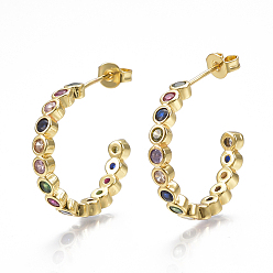 Golden Brass Micro Pave Cubic Zirconia(Random Mixed Color) Stud Earrings, Half Hoop Earrings, with Ear Nuts, Golden, 23x3.5mm, Pin: 0.8mm