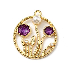 Purple Alloy Enamel Pendants, with Plastic Imitation Pearl, Golden, Flat Round with Flower Charm, Purple, 27x24x6.5mm, Hole: 1.8mm