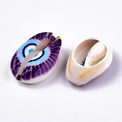 Фиолетовый Набивные бусины из натуральных ракушек каури, нет отверстий / незавершенного, с рисунком сглаза, фиолетовые, 18~22x13~14x6~8 мм
