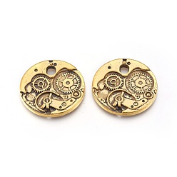Antique Golden Tibetan Style Alloy Pendants, Flat Round Watch Gears Charms, Nice for Steampunk Jewelry Making, Cadmium Free & Lead Free, Antique Golden, 38x38x3mm, Hole: 1.5mm