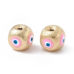 Pearl Pink Brass Beads, with Enamel, Real 18K Gold Plated, Cube with Evil Eye, Pearl Pink, 10.5x11.5x11mm, Hole: 2.5mm