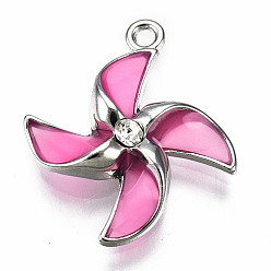 Hot Pink Rack Plating Alloy Pendants, with Epoxy Resin and Crystal Rhinestone, Windmill, Platinum, Cadmium Free & Lead Free, Hot Pink, 19.5x17x4mm, Hole: 1.4mm