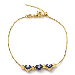Midnight Blue Heart with Evil Eye Enamel Slider Bracelet with Box Chains, Rack Plating Brass Bracelet, Midnight Blue, 7-1/2~8-1/4 inch(18.9~20.9cm)