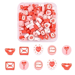 Red 100Pcs Handmade Polymer Clay Beads, Flat Round with Word Love & Heart, Mouth and Letter, Red, 5.5~9.5x9~11x4~5mm, Hole: 1.6mm