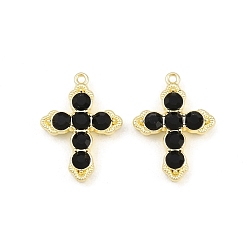 Golden Alloy with Jet Rhinestone Pendants, Cross Charms, Rack Plating, Golden, 20x14.5x4mm, Hole: 1mm