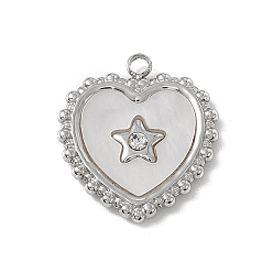 Stainless Steel Color 201 Stainless Steel Pendants, Heart Charms, with Crystal Rhinestone and Shell, Stainless Steel Color, 17x15x2mm, Hole: 1.6mm