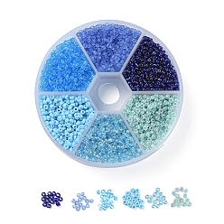 Blue 6 Colors 12/0 Glass Seed Beads, Silver Lined & Frosted Colors &  Transparent & Opaque Colours & Transparent Colours Rainbow & Ceylon, Round, Blue, 12/0, 2mm, Hole: 1mm, 60g/box, about 3960pcs/box