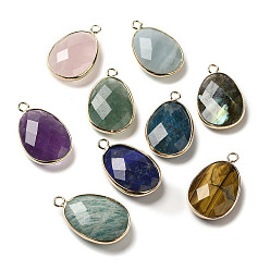 Light Gold Natural Mixed Gemstone Faceted Pendents, Brass Egg Charms, Light Gold, 27.5x17~17.5x7mm, Hole: 2.5mm