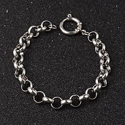 Stainless Steel Color 304 Stainless Steel Rolo Chain Bracelets, with Spring Ring Clasps, Stainless Steel Color, 8-1/2 inch(215mm), 9mm