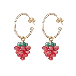 Dark Red Glass Braided Beaded Strawberry Dangle Stud Earrings, Gold Plated Brass Half Hoop Earrings for Women, Golden, 42mm, Pin: 0.6mm