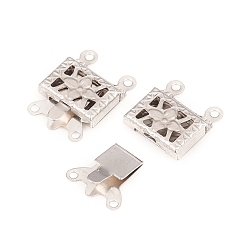 Stainless Steel Color 304 Stainless Steel Box Clasps, 2-Strand, 4-Hole, Rectangle with Flower, Stainless Steel Color, 15x10x3mm, Hole: 1mm