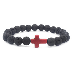Red Cross Colorful Lava Stone Beaded Bracelet with Cross Pendant Jewelry