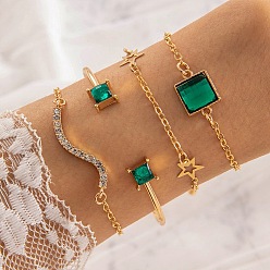 Star Light Gold Alloy Bangle and Bracelets Set, Glass Rhinestone Jewelry Set, Star, 170mm, 4pcs/set