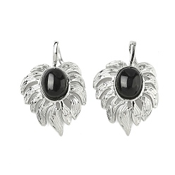 Обсидиан Природные подвески обсидиана, латунный лист амулеты, платина, стойки покрытие, 31x21x7.5 мм, отверстие : 7.5x3.5 мм