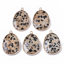 Dalmatian Jasper Natural Dalmatian Jasper Pendants, with Golden Plated Edge Brass Findings, Nickel Free, Faceted, Oval, 25~26x17~18x5mm, Hole: 1.4mm
