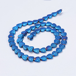Blue Plated Electroplate Non-magnetic Synthetic Hematite Beads Strands, Frosted, Heart, Blue Plated, 8x7.5~8x2mm, Hole: 1mm, about 55pcs/strand, 15.9 inch(40.5cm)