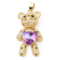 Medium Orchid Real 18K Gold Plated Rack Plating Brass Micro Pave Cubic Zirconia Pendants, with Glass, Long-Lasting Plated, Cadmium Free & Lead Free, Bear with Star Pattern, Medium Orchid, 38x19.5x9mm, Hole: 3.5x5mm