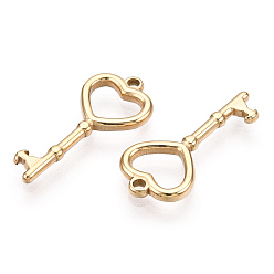 Real 14K Gold Plated Valentine's Day 304 Stainless Steel Pendants, Manual Polishing, Heart Key Charm, Real 14K Gold Plated, 22x10x2mm, Hole: 1.4mm
