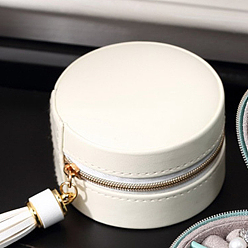 White Round PU Imitation Leather Jewelry Storage Zipper Boxes, Portable Travel Case with Tassel, for Necklace, Ring Earring Holder, Gift for Women, White, 7x4.5cm