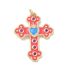 Красный Латунные микро проложить кубического циркония подвески, с эмалью, крест прелести, долговечный, без кадмия и без свинца, стойки покрытие, реальный 18 k позолоченный, красные, 31.5x25x3 мм, Перейти кольцо: 5x1 мм, внутренний диаметр: 3 мм