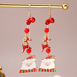 Santa Claus Рождественские серьги-подвески из сплава с эмалью для женщин, серьги из смоляных бусин с колокольчиками, золотые, Дед Мороз, 80x23 мм