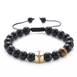 T Square Gemstone Letter Bracelet with Natural Agate and Tiger Eye Beads - A to Z Alphabet Design