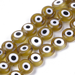 Dark Khaki Handmade Evil Eye Lampwork Beads Strands, Flat Round, Dark Khaki, 9.5x3.5mm, Hole: 1.2mm, about 38pcs/strand, 14.1 inch~14.5 inch