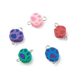 Mixed Color Polymer Clay Connector Charms, with Stainless Steel Color Tone 304 Stainless Steel Double Loops, Dog Paw, Mixed Color, 15x9x4mm, Hole: 1.5~2mm