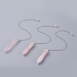 Rose Quartz Natural Rose Quartz Pointed Dowsing Pendulums, with Brass Cable Chains, Bullet, 238~255mm, Hole: 2.5mm, Pendants: 53x12mm